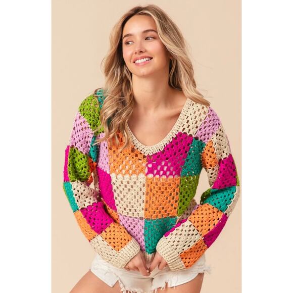 BiBi Multicolor Crochet Patchwork Boho Festival Sweater Size XL - Picture 1 of 9